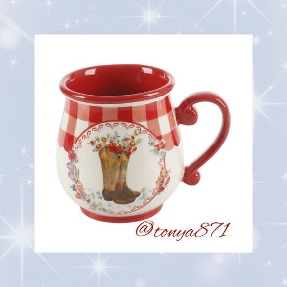 🦋 New Pioneer Woman Novelty Cowboy Boot Floral Red Gingham 16-oz Mug - Picture 5 of 9